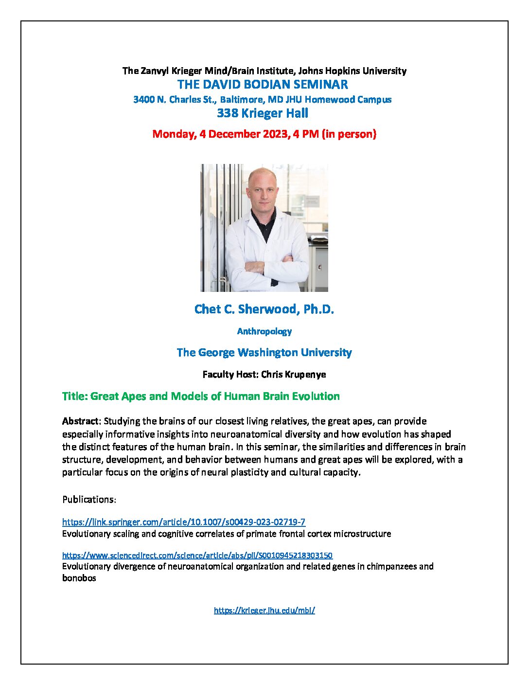 Monday, 12/4/23: Dr. Chet Sherwood, Bodian Seminar